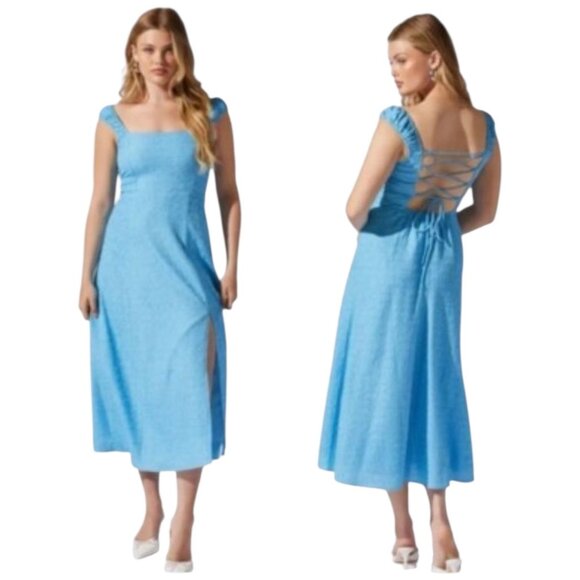 ASTR The Label Blue Crinkle Maxi Dress With Lace-Up Back Detail Size XS NWT - Picture 1 of 10